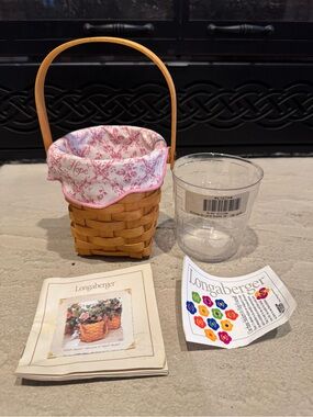 Longaberger 2002 Horizon of Hope Wood Basket, Pink Floral Liner, and protector